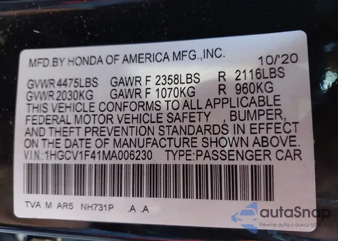 2021 Honda Accord Sport Special Edition из США, поврежденный, VIN 1HGCV1F41MA006230